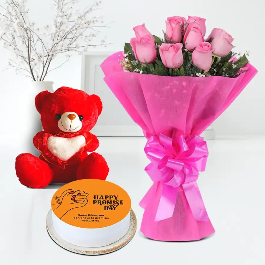 Alluring Promise Day Gift of Vanilla Cake with Pink Roses N Cute Teddy