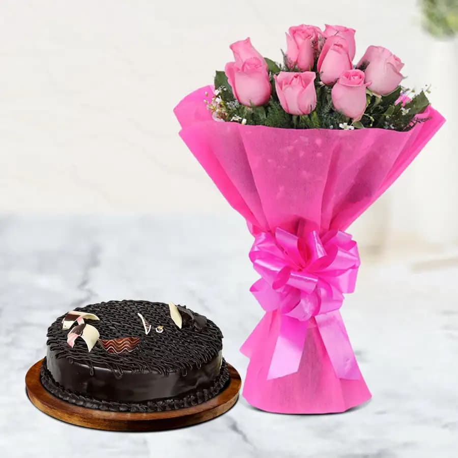 Most Promising Gift of Dark Chocolate Cake with Pink Rose Bouquet