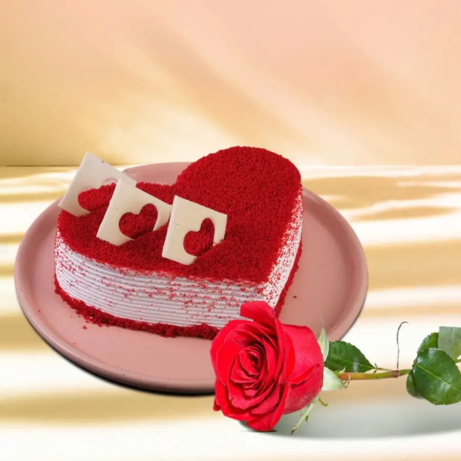 Blissful Heart Shape Chocolate Red Velvet Fusion Cake with Single Red Rose