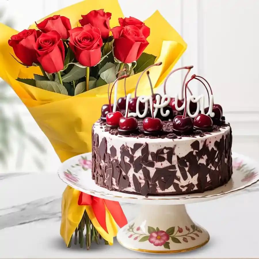 Romantic Red Roses with Decadent Cake