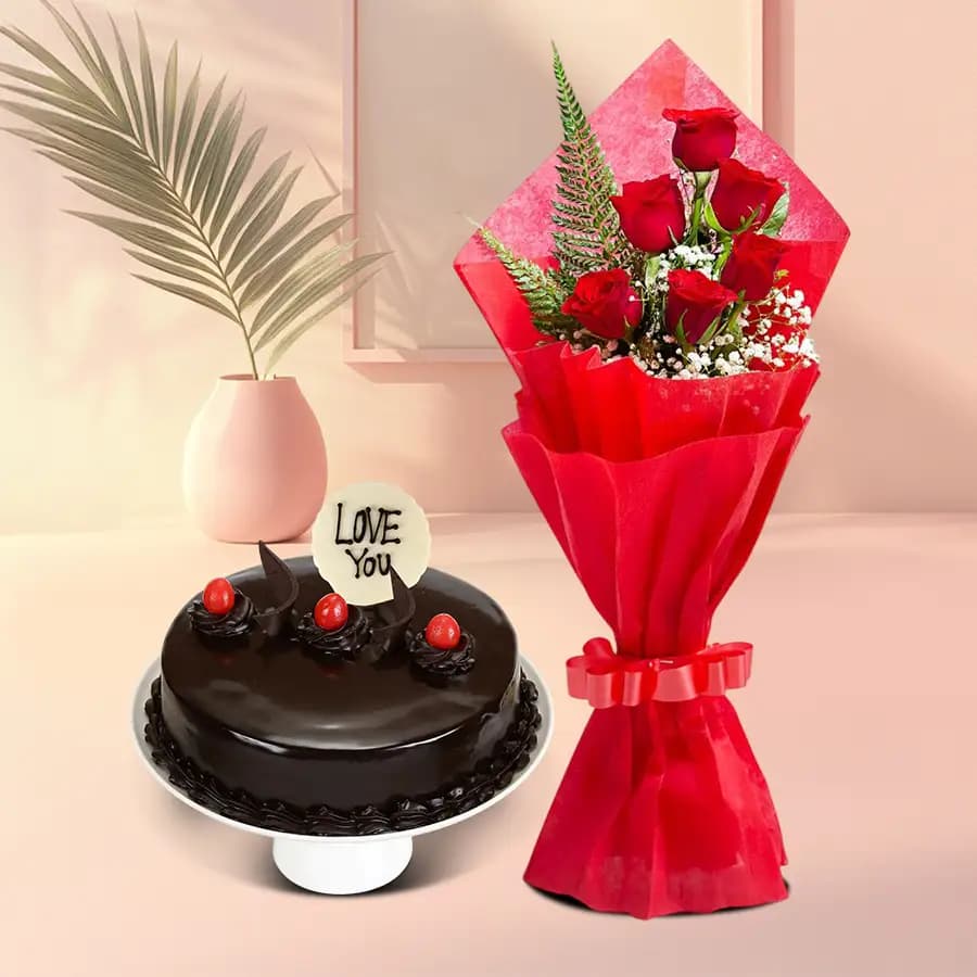 Remarkable Love You Chocolate Cake with Red Roses Posy