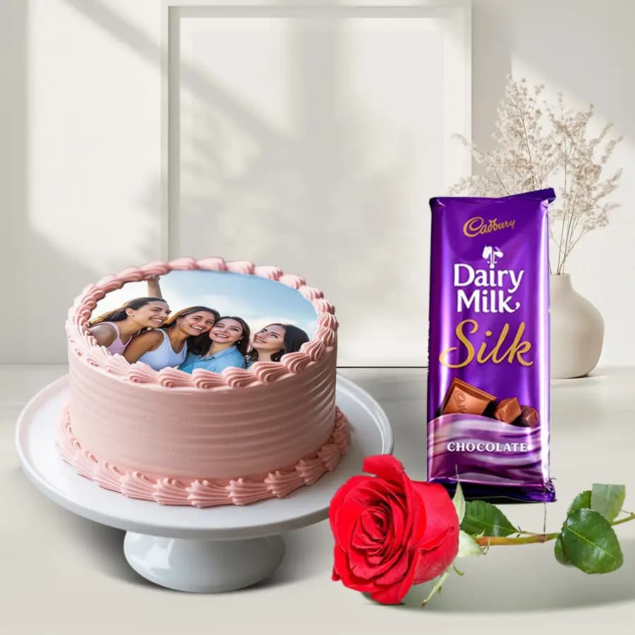 Remarkable Propose Day Gift of Photo Cake Single Rose N Cadbury Silk