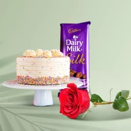 Yummy Vanilla Cake with Single Red Rose N Dairy Milk Silk 1