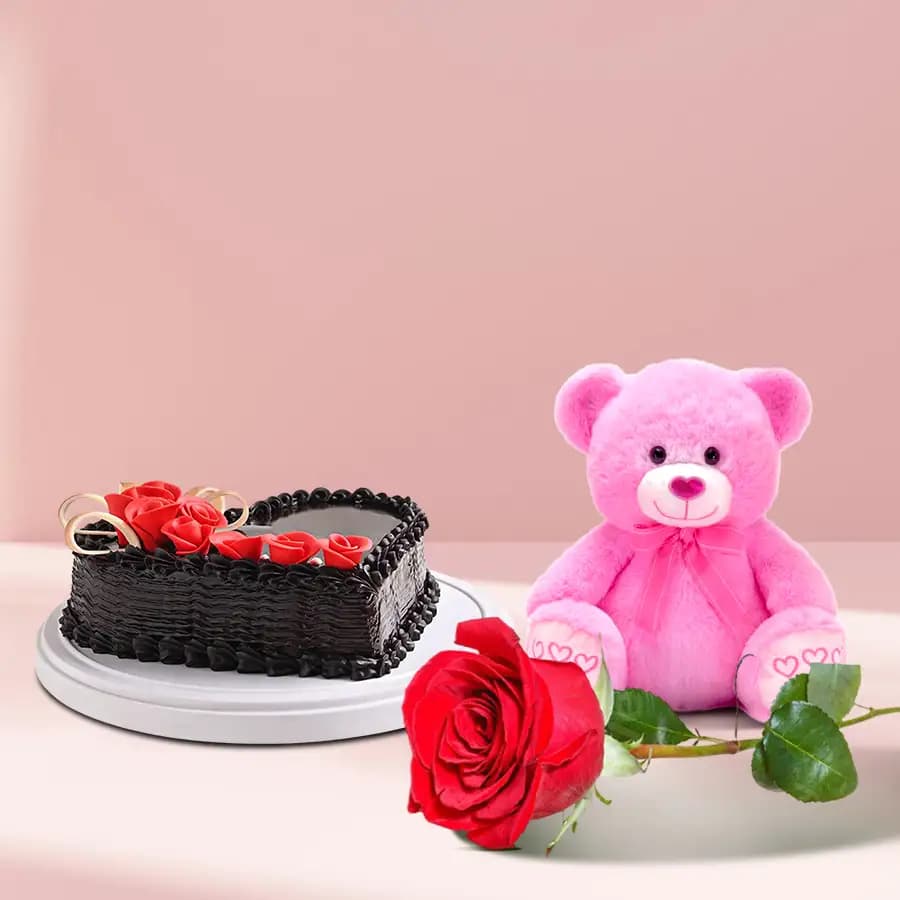 Sumptuous Heart Shape Chocolate Cake with Single Red Rose N Cute Teddy