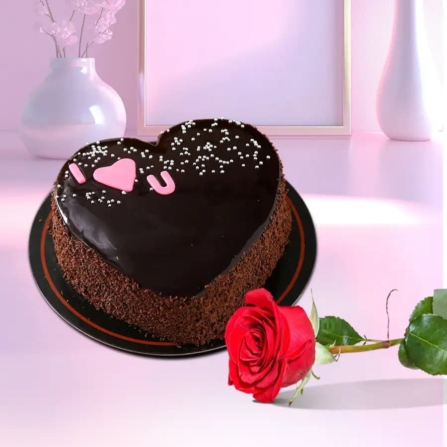 Finest Chocolate Mud Love Cake N Single Red Rose Combo