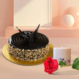 Delectable Chocolate Cake with Aroma Candles N Single Rose 1