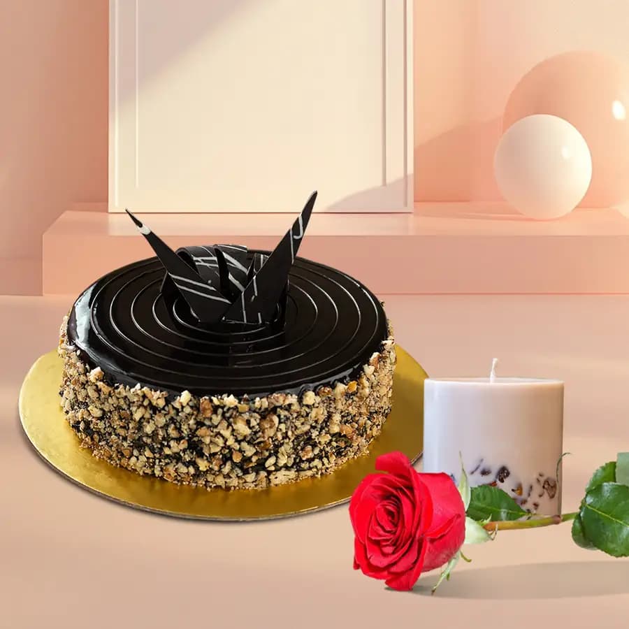 Delectable Chocolate Cake with Aroma Candles N Single Rose