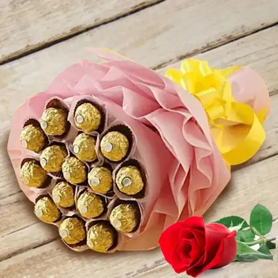 Marvelous Bouquet of Ferrero Rocher Chocolates with Single Red Rose