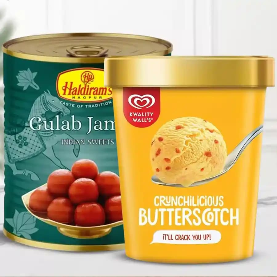 Delicious Haldiram Gulab Jamun N Chocolicious Butterscotch Ice Cream Gift Combo