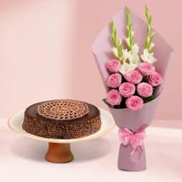 Lovely Roses n Gladiolus Bouquet with Strawberry Cake 1