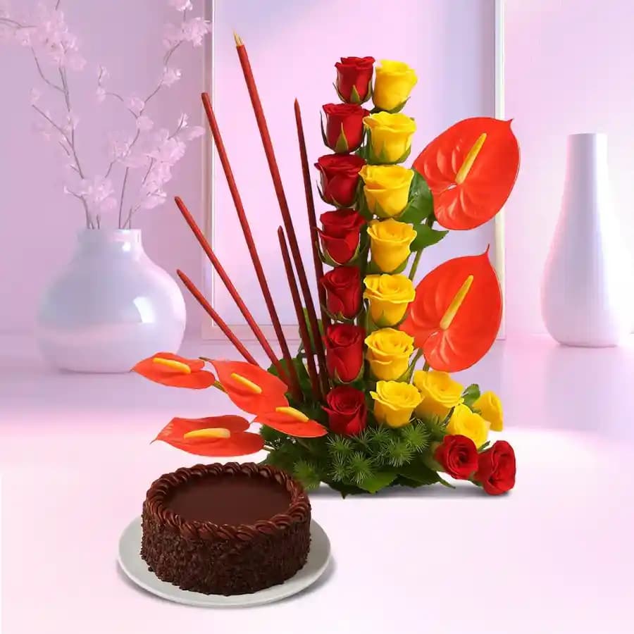 Alluring Arrangement of Roses n Anthurium with Chocolate Cake