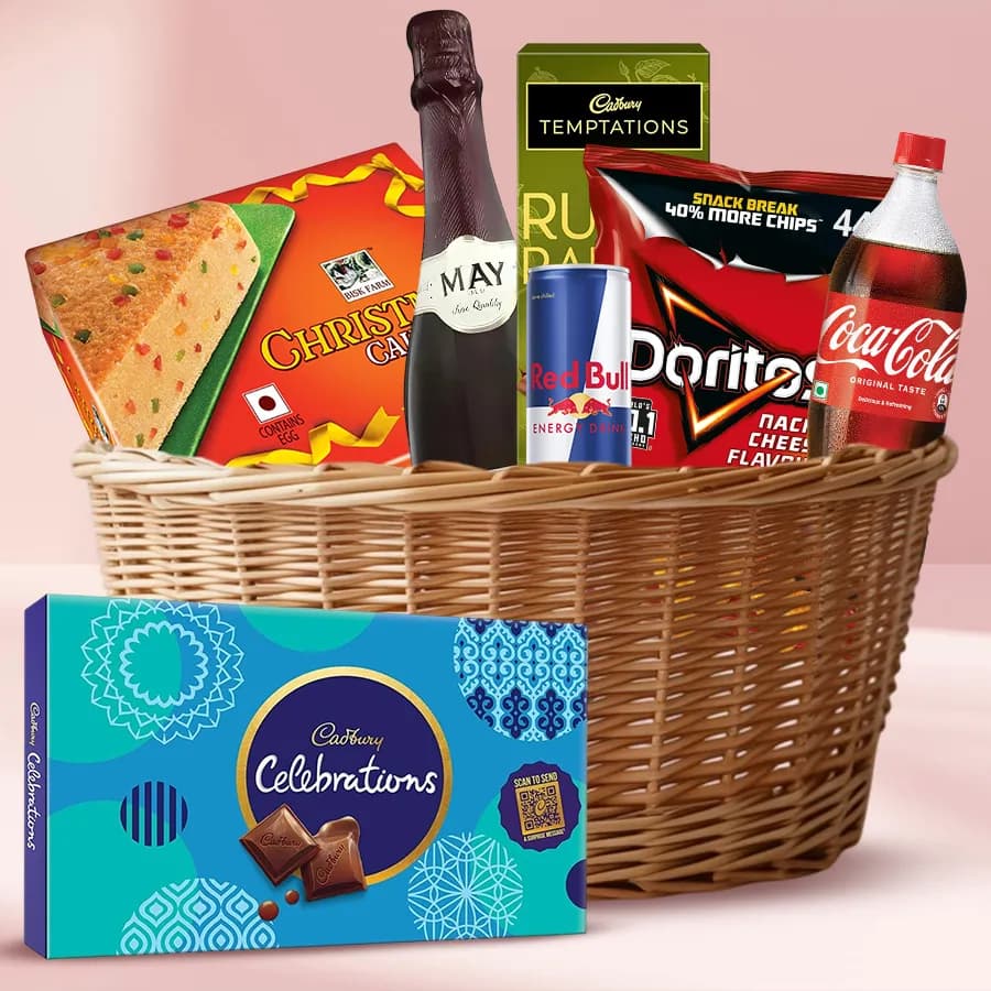 Lovely Winter Cheer Gift Basket of Goodies with Fruit Wine