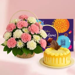 Superb Combo of Mixed Flowers Basket Butterscotch Cake n Chocolates 1