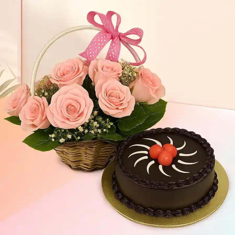 Enticing Combo of Choco Truffle Cake n Pink Roses Basket