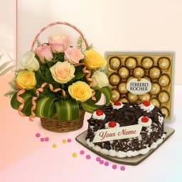 Amazing Roses Basket Black Forest Cake n Ferrero Rocher Gift Combo 1