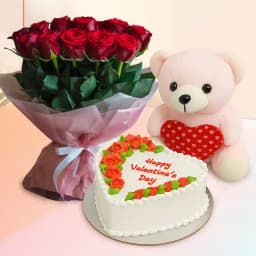 Superb Combo of Pineapple Cake Rose Bouquet n Pink Teddy 1