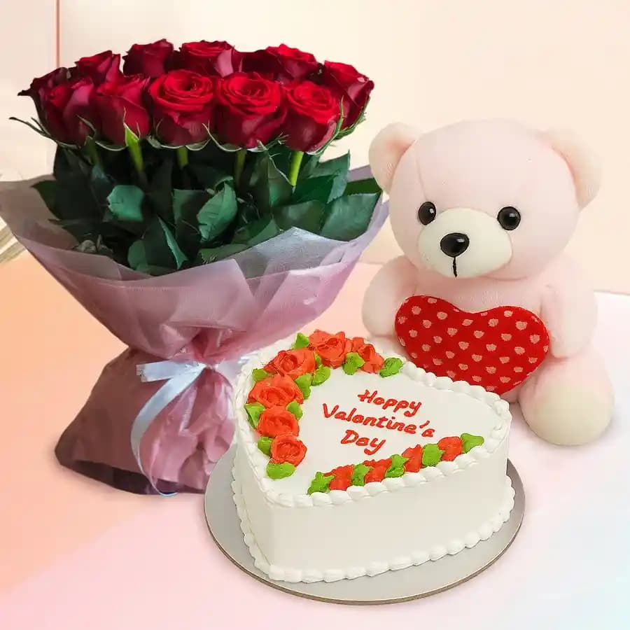 Superb Combo of Pineapple Cake Rose Bouquet n Pink Teddy