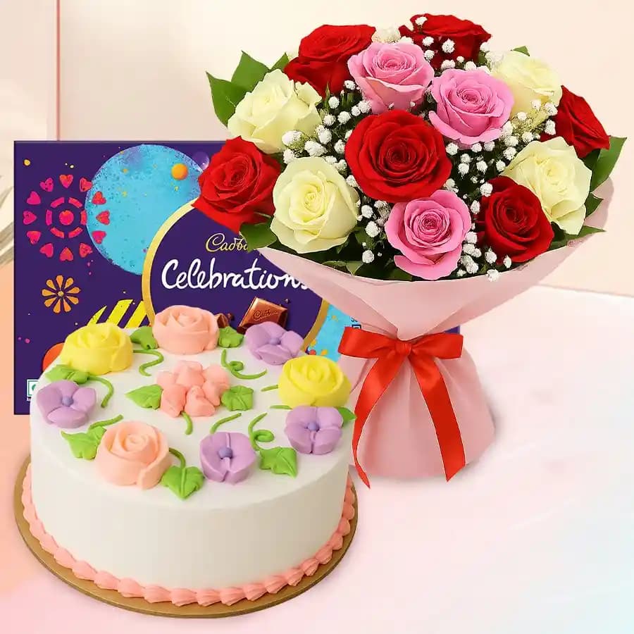 Stunning Combo of Roses Bouquet Vanilla Cake n Cadbury Celebration