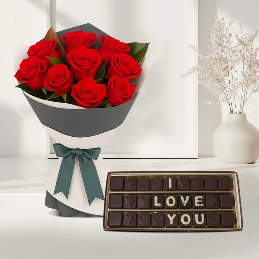 Graceful Red Roses Bunch N I Love You Handmade Chocolate Gift Combo for V day