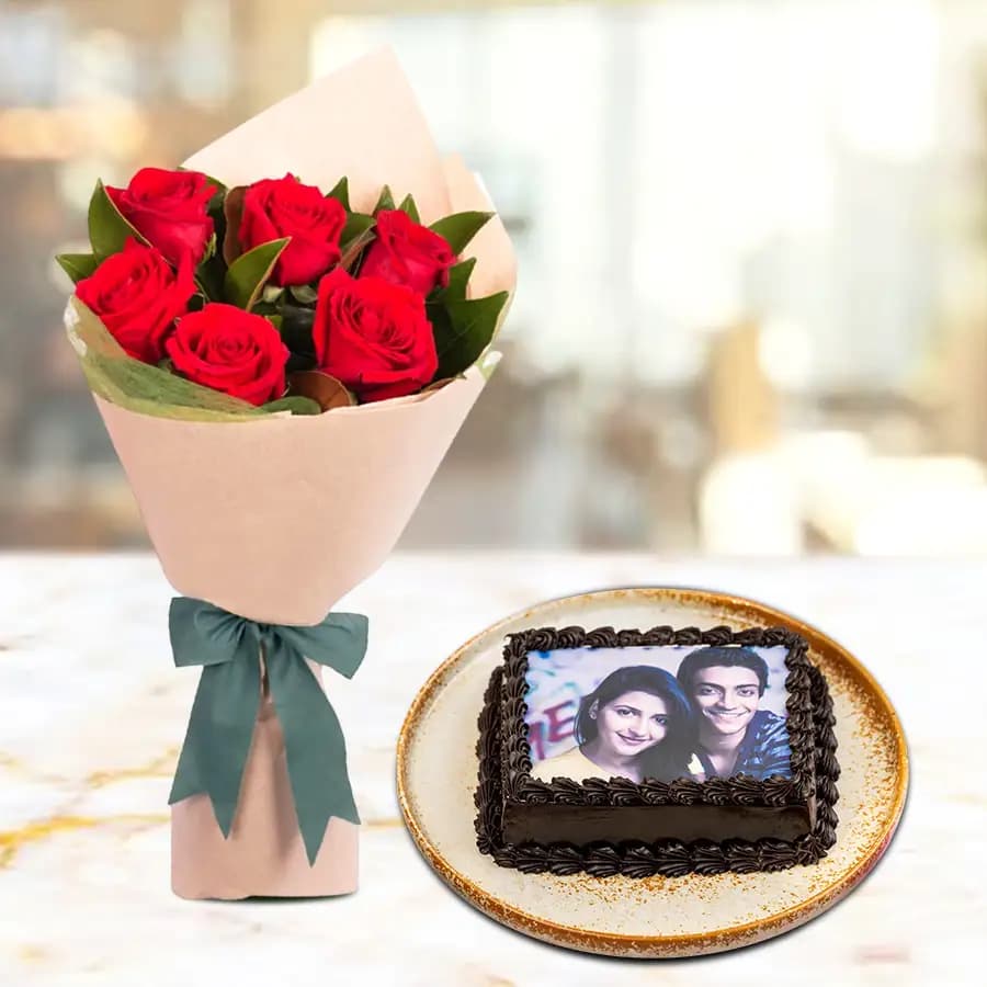 Sumptuous Chocolate Photo Cake with Red Roses Bunch