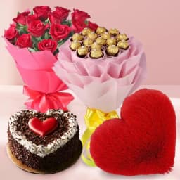 Romantic Gift of Red Roses Love Cake Chocolate Bouquet n Love Cushion 1