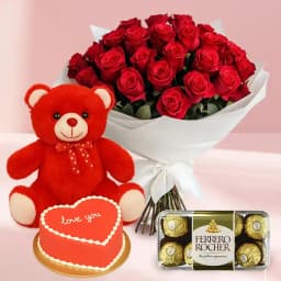 Thrilling Combo of Rose Bouquet Love Cake Ferrero Rocher n Red Teddy 1