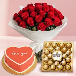 Enticing Red Roses Bouquet with Love Choco Cake n Ferrero Rocher 1
