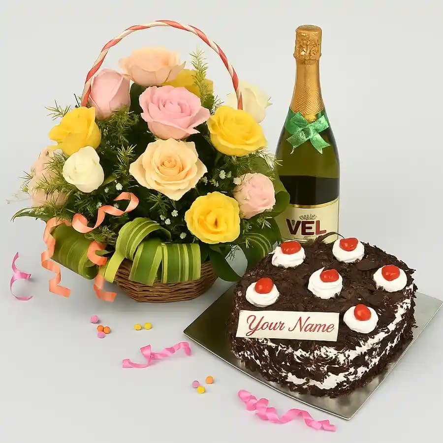 Classic Basket of Mixed Roses Black Forest Cake n Sparkling Juice