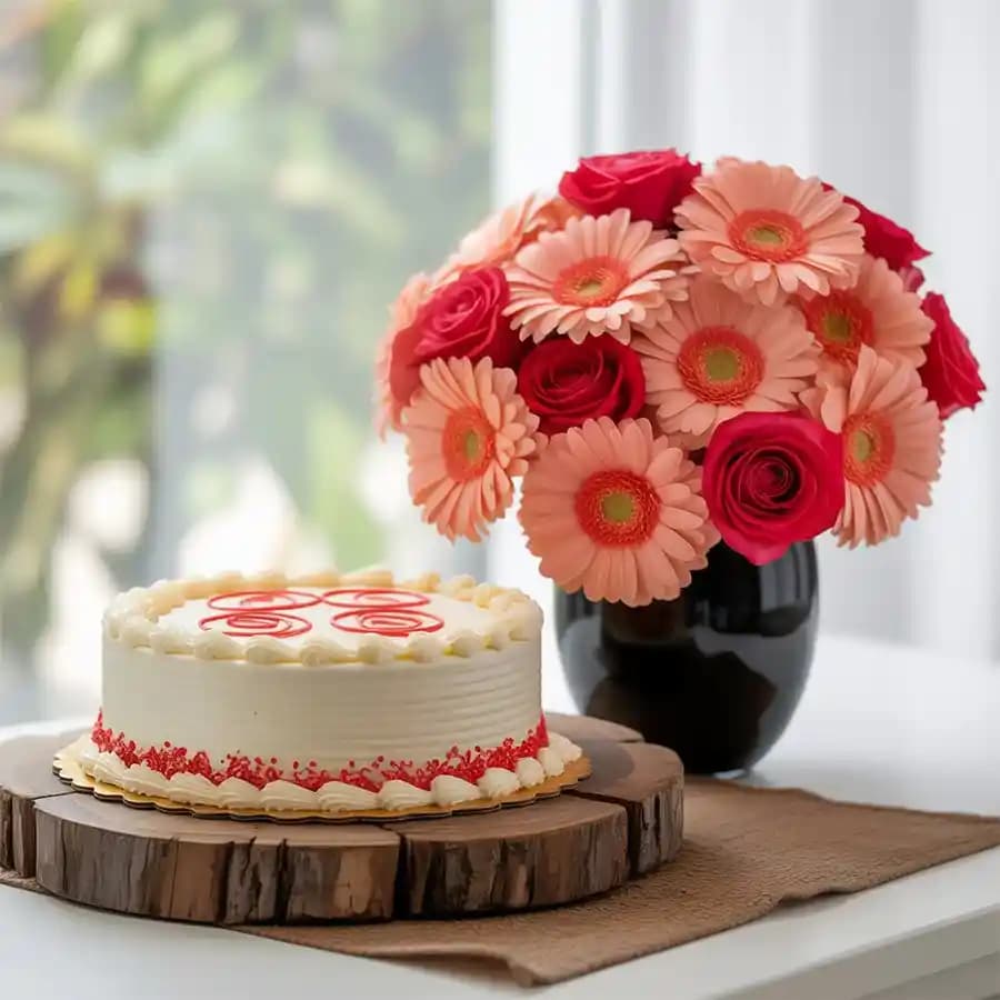Delicate Pink Flowery Bouquet with Red Velvet Cake