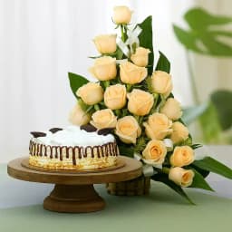 Alluring Basket of 25 Peach Roses with Butter Scotch Cake 1