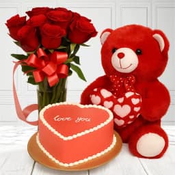 Cheerful Combo of Red Roses in Vase Love U Cake N Teddy 1