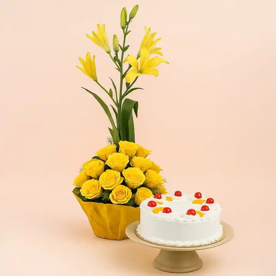 Ravishing Mixed Flowers Basket with Mixed Fruits Cake