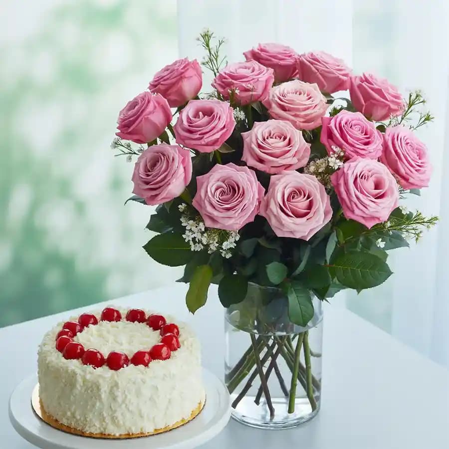 Enticing Combo of White Forest Cake n Pink Roses