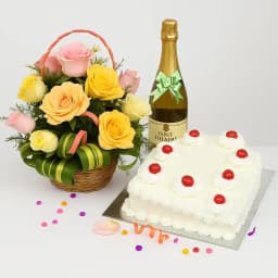 Beautiful Mixed Roses Basket with White Forest Cake N Sparkling Juice 1