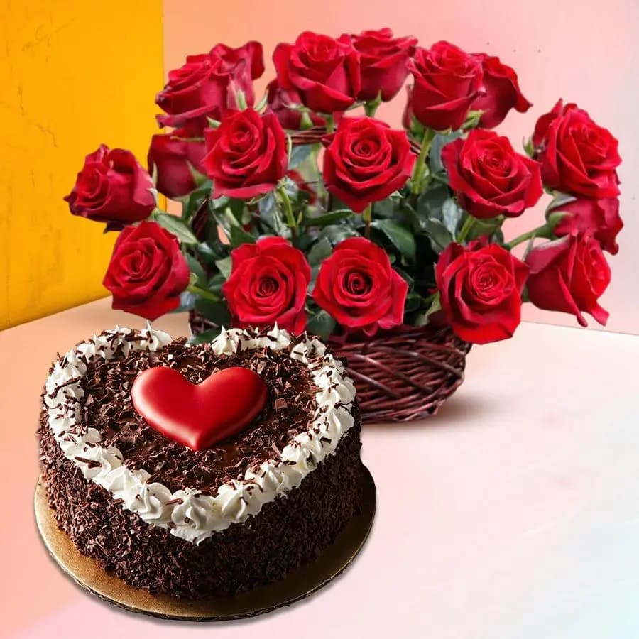 Scrumptious Black Forest Cake N 25 Red Roses Basket