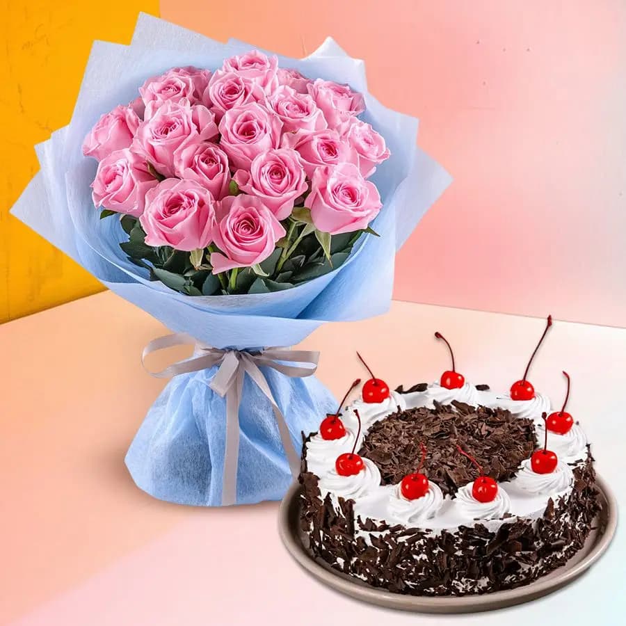 Magnificent 24pc Pink Roses Bouquet with Black Forest Cake
