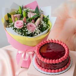 Delicious Red Velvet Cake with Gorgeous Pink Bouquet 1