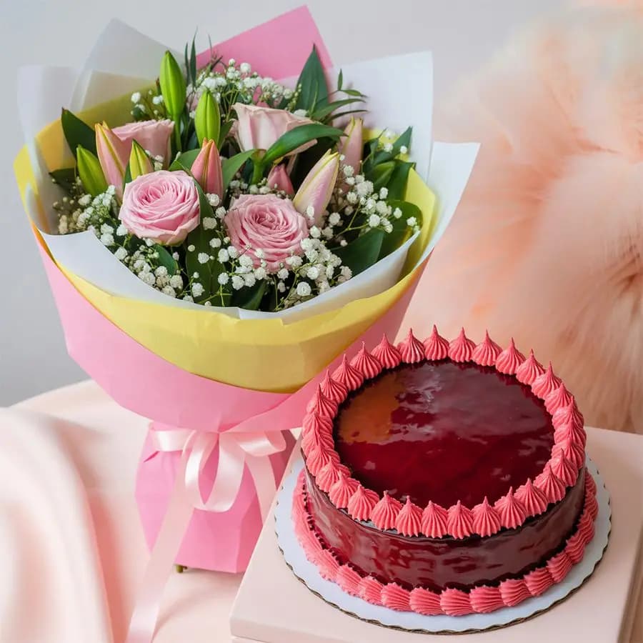 Delicious Red Velvet Cake with Gorgeous Pink Bouquet