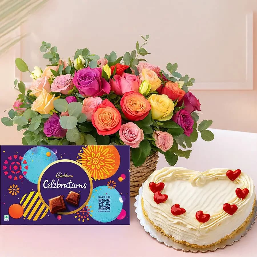 Delightful Gift of Mixed Roses with Vanilla Cake n Cadbury Celebrations