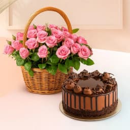 Scrumptious Chocolate Cake N 12 Pink Roses Basket 1