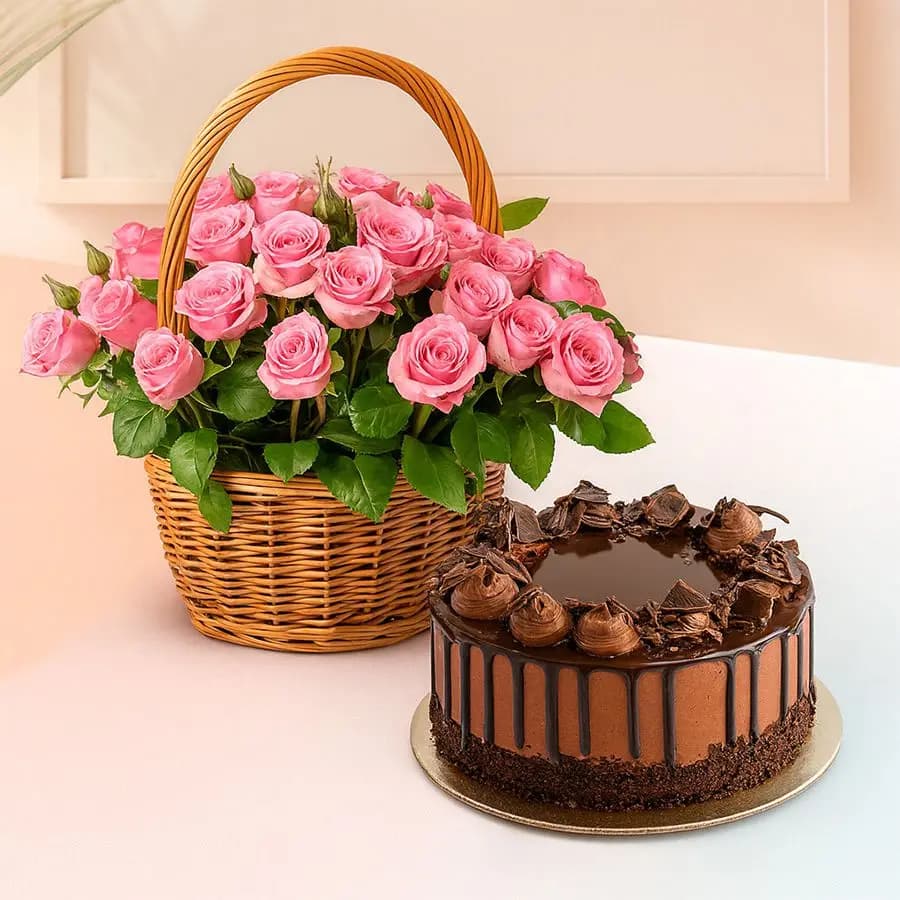 Scrumptious Chocolate Cake N 12 Pink Roses Basket