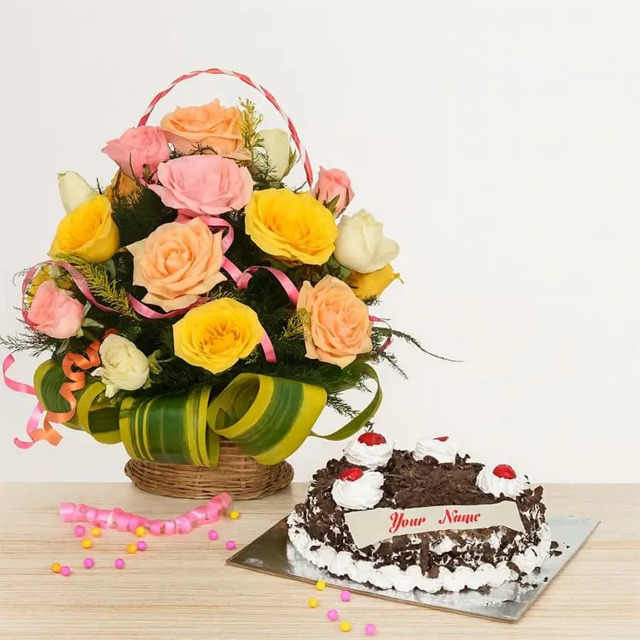 Multicolored Roses Basket with Black Forest Cake