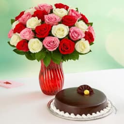 Alluring 36 Mixed Roses in Vase with Chocolate Cake 1