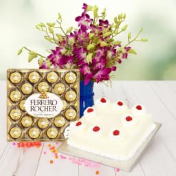 Stunning Purple Orchids in Vase with White Forest Cake n Ferrero Rocher 1