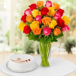 Ravishing Gift of Mixed Roses in Vase n Vanilla Cake 1