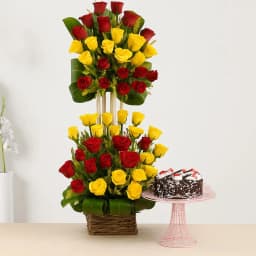 Stunning Tall Basket of Mixed Roses with Black Forest Cake 1