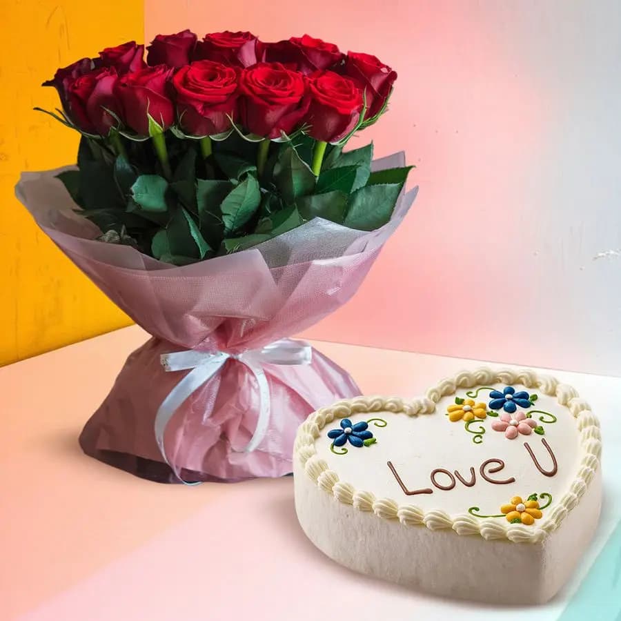 Alluring 12 Red Roses Bunch with Vanilla Cake