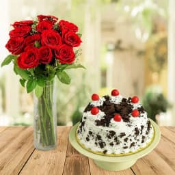 Lovely Red Roses in Vase with Black Forest Cake 1