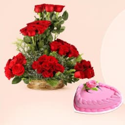 Delectable Strawberry Cake N Red Roses Basket Gift Combo 1