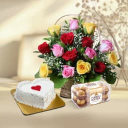 Enticing Combo of Rose Basket Vanilla Cake n Ferrero Rocher 1